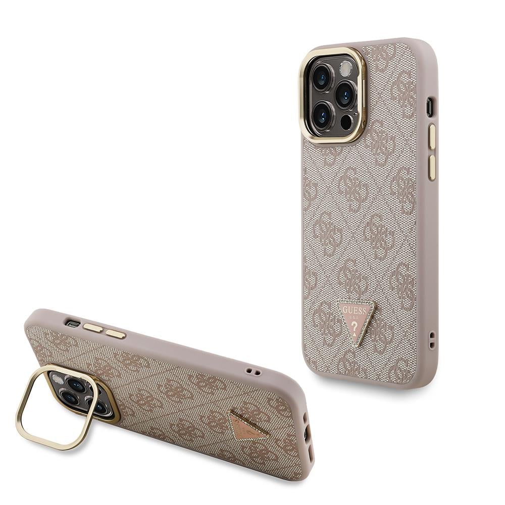 Apple iPhone 13 Pro Max Kılıf Guess Orjinal Lisanslı PU Deri Taşlı Üçgen Logo 4G Desenli Kamera Standlı Kapak