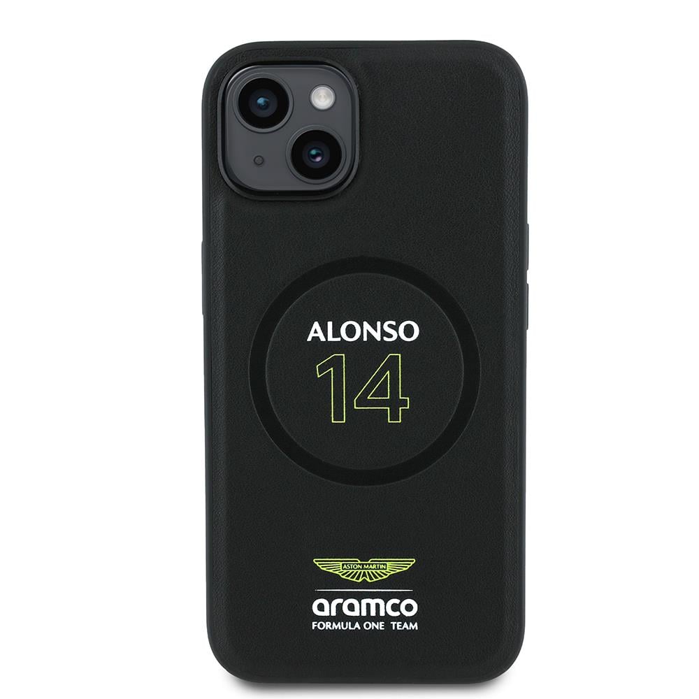Apple iPhone 14 Kılıf Aston Martin Orjinal Lisanslı M-safe Şarj Özellikli PU Deri Alonso 14 Baskılı Kapak