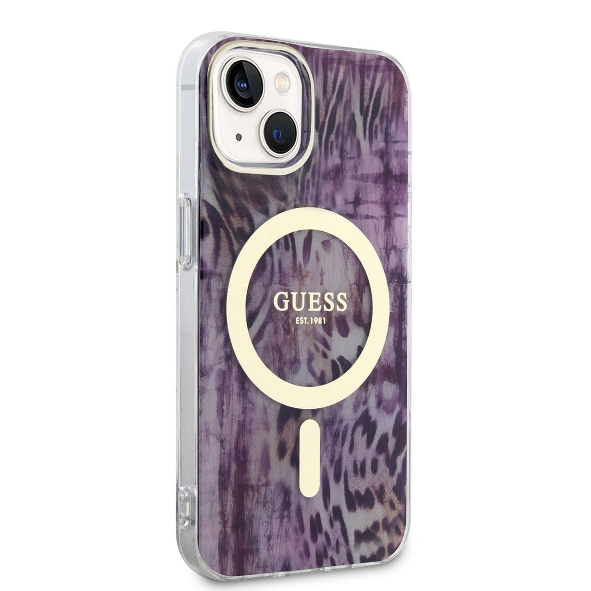 Apple iPhone 14 Kılıf GUESS M-safe Şarj Özellikli Leopar Desenli Kapak