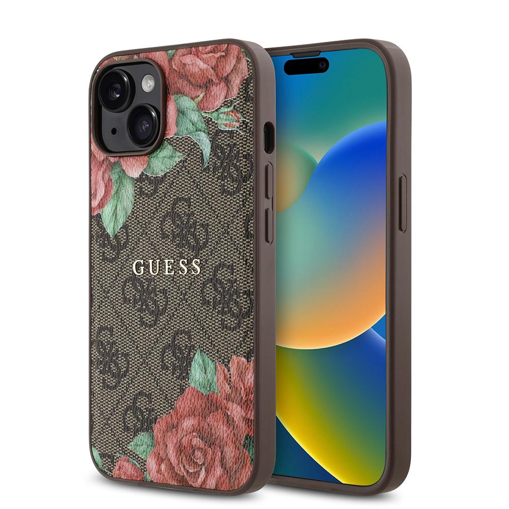Apple iPhone 14 Kılıf Guess Orjinal Lisanslı M-safe Şarj Özellikli Gül Baskılı 4G Desenli Yazı Logolu Kapak