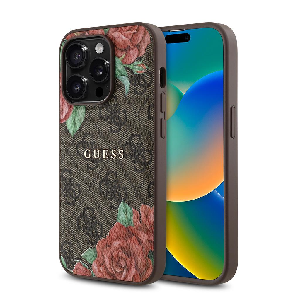 Apple iPhone 14 Pro Kılıf Guess Orjinal Lisanslı M-safe Şarj Özellikli Gül Baskılı 4G Desenli Yazı Logolu Kapak