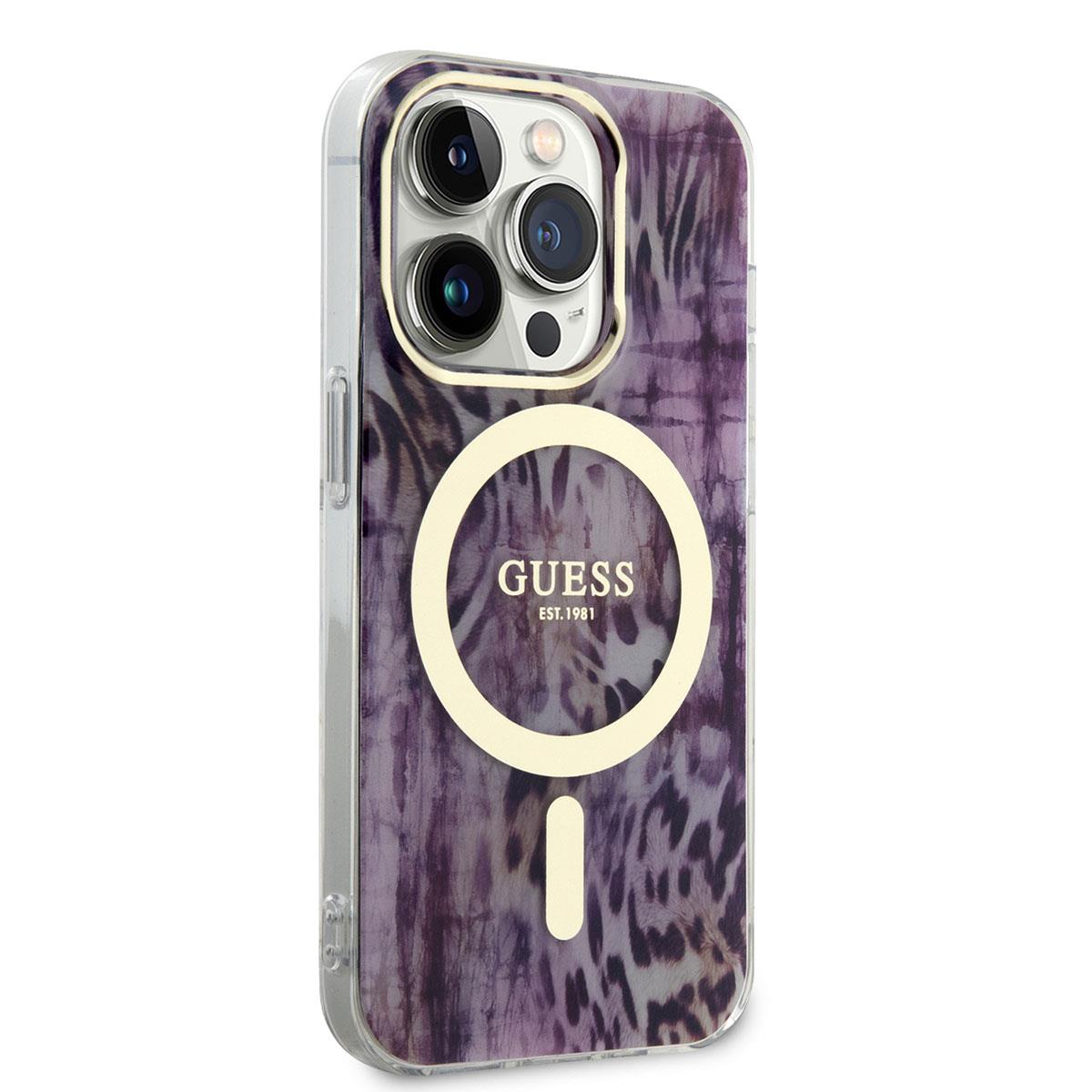 Apple iPhone 14 Pro Max Kılıf GUESS M-safe Şarj Özellikli Leopar Desenli Kapak