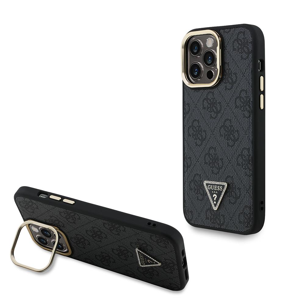 Apple iPhone 14 Pro Max Kılıf Guess Orjinal Lisanslı PU Deri Taşlı Üçgen Logo 4G Desenli Kamera Standlı Kapak