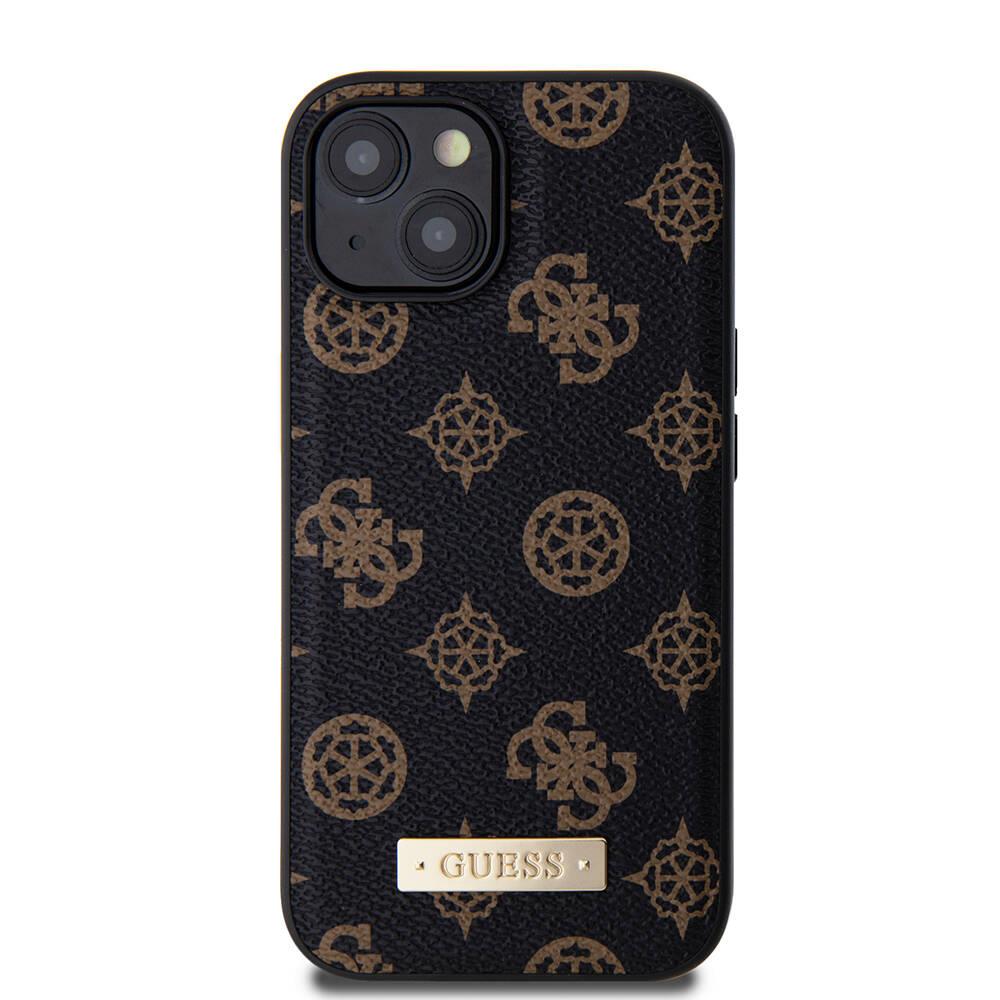 Apple iPhone 15 Kılıf Guess M-safe Şarj Özellikli PU Deri Desenli Metal Plaka Logolu Kapak