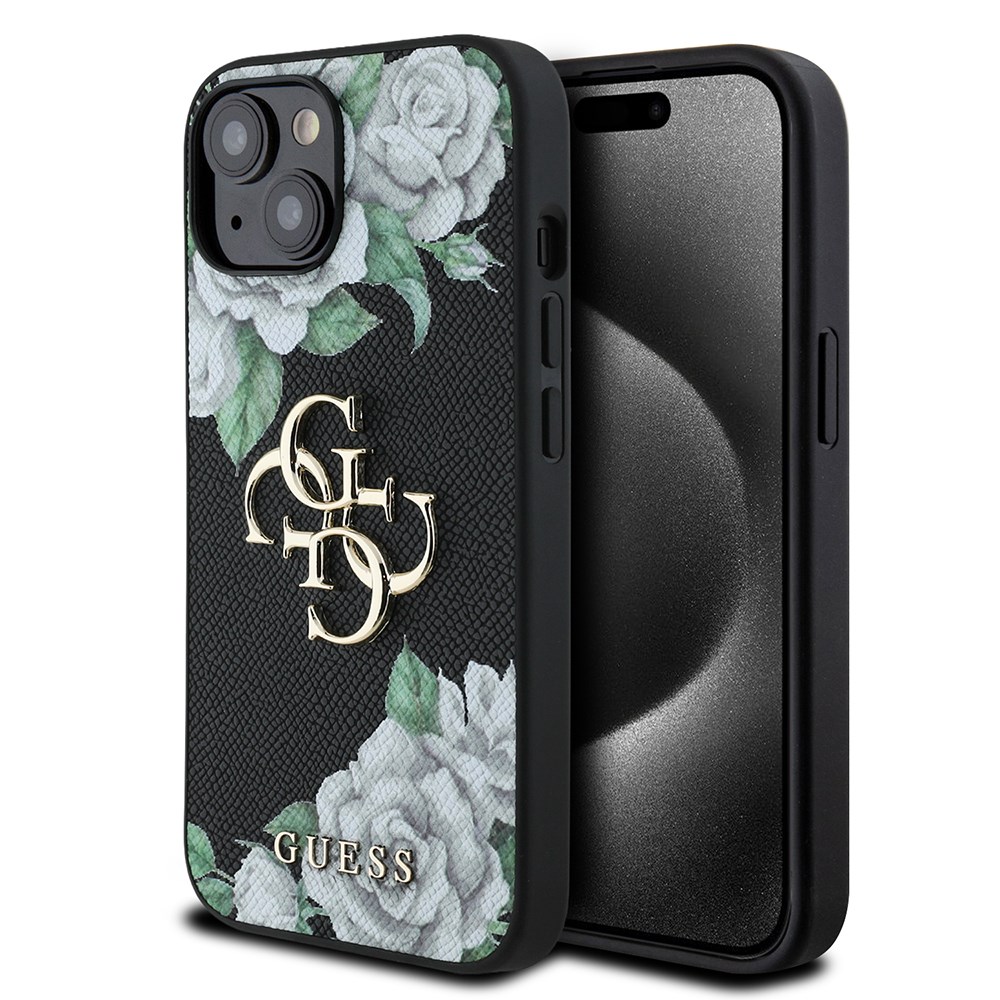 Apple iPhone 15 Kılıf Guess Orjinal Lisanslı Gül Baskılı Büyük Metal Logo Dizaynlı Kapak