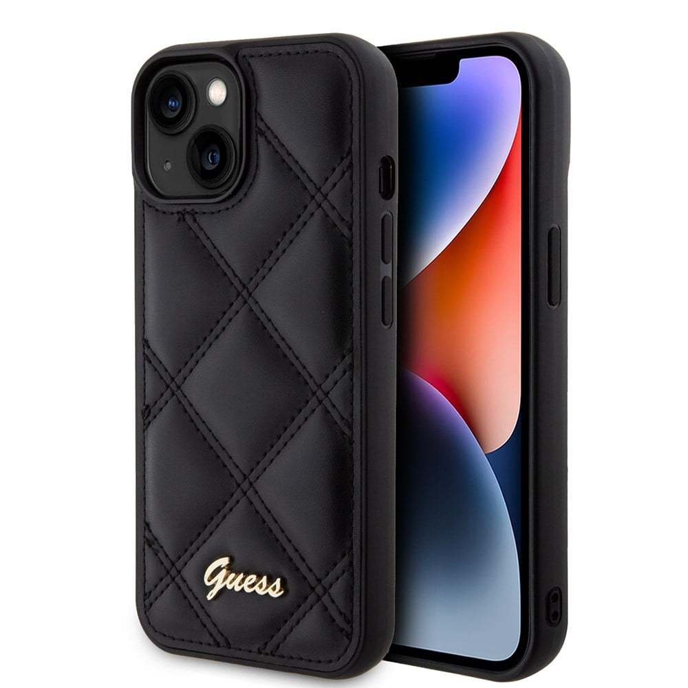 Apple iPhone 15 Kılıf Guess Orjinal Lisanslı PU Deri Metal Yazı Logolu Kapitone Kapak