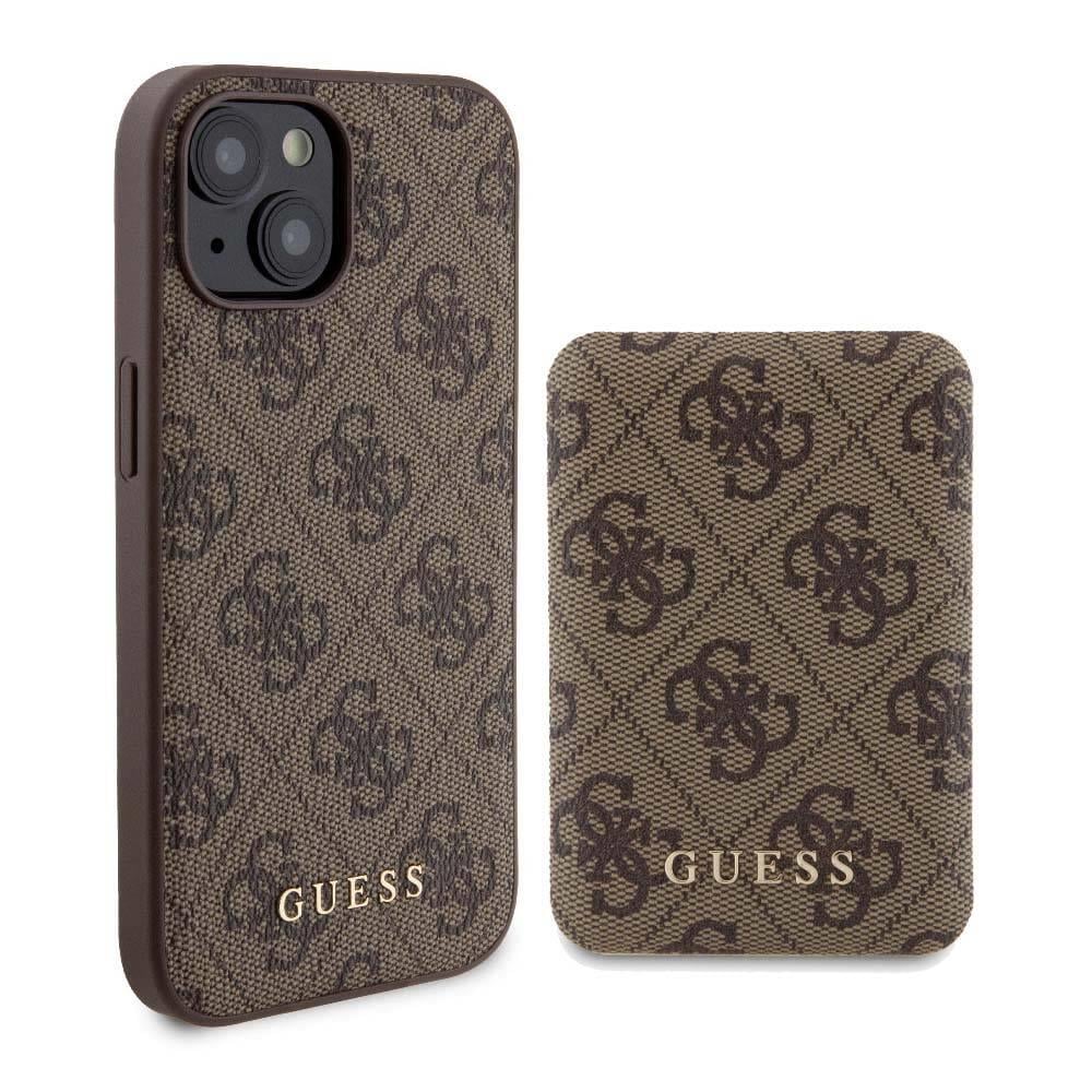 Apple iPhone 15 Kılıf Guess Orjinal Lisanslı M-safe Şarj Özellikli Yazı Logolu 4G Desenli Kapak + Powerbank 5000mAh 2in1 Set