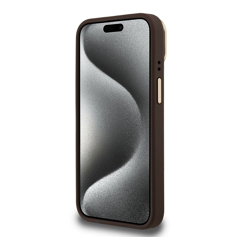 Apple iPhone 15 Kılıf Guess Orjinal Lisanslı PU Deri Taşlı Üçgen Logo 4G Desenli Kamera Standlı Kapak