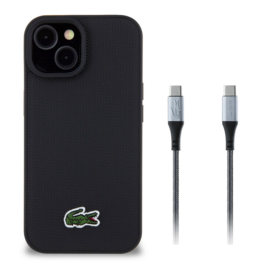 Apple iPhone 15 Kılıf Lacoste Orjinal Lisanslı PU Pike Desenli Arka Yüzey İkonik Timsah Dokuma Logolu Kapak + Type-C Kablo 1.5m