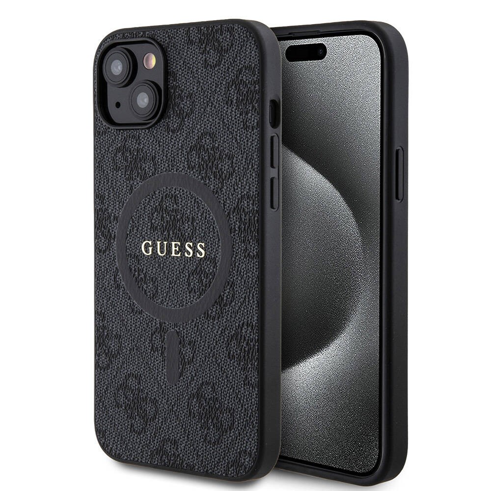 Apple iPhone 15 Plus Guess Orjinal Lisanslı M-safe Şarj Özellikli PU Halkalı 4G Desenli Yazı Logolu Kapak