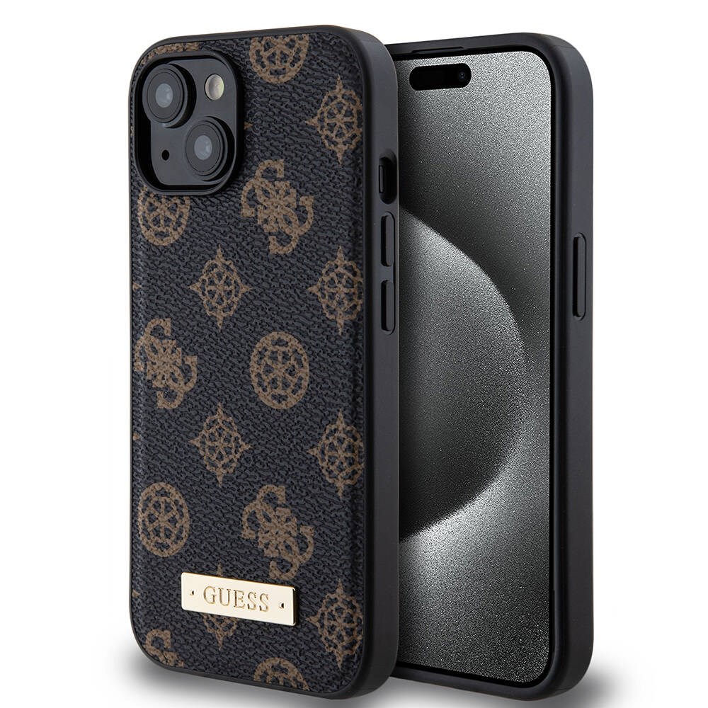 Apple iPhone 15 Plus Kılıf Guess M-safe Şarj Özellikli PU Deri Desenli Metal Plaka Logolu Kapak