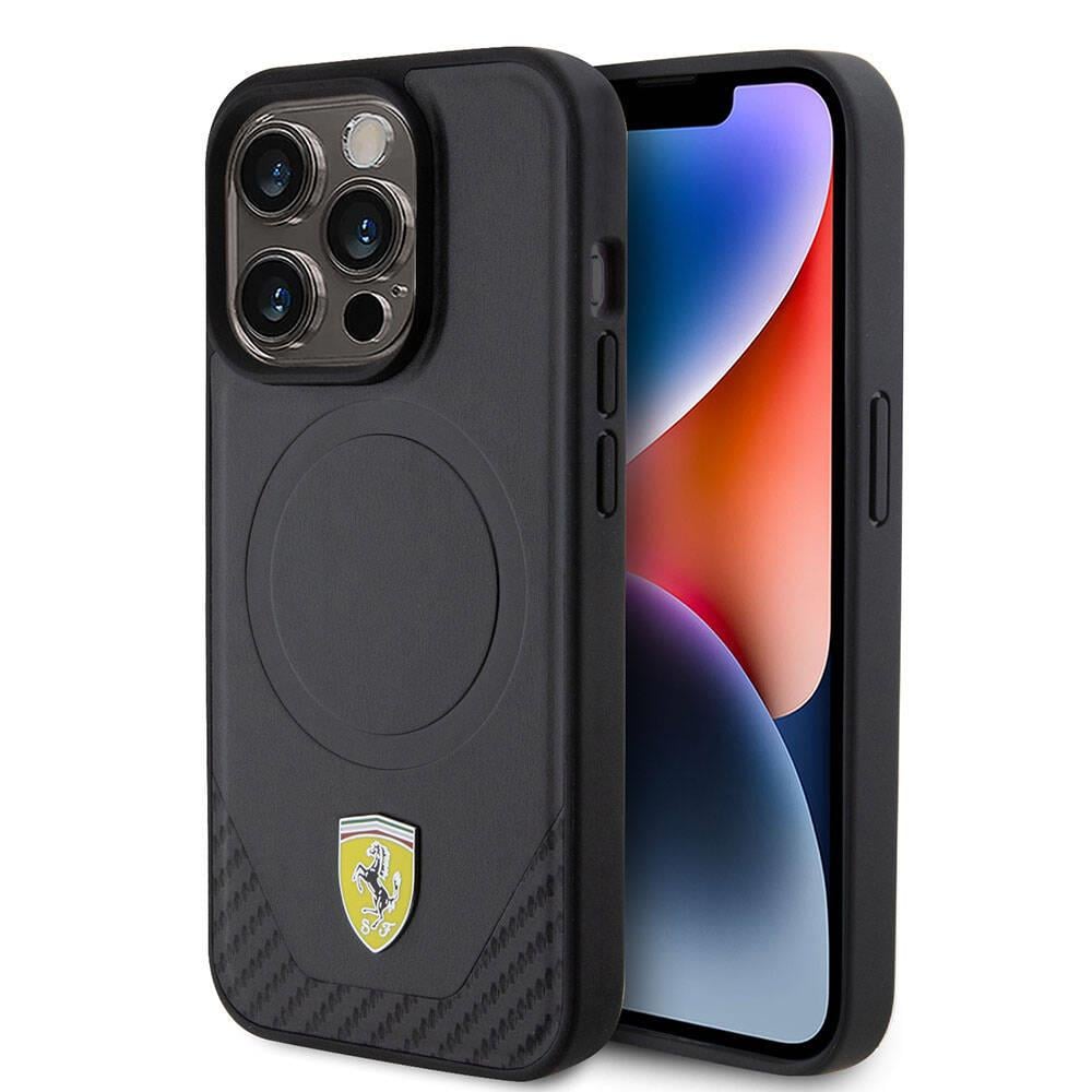 Apple iPhone 15 Pro Kılıf Ferrari Orjinal Lisanslı M-safe Şarj Özellikli Metal Logolu PU Karbon Kapak