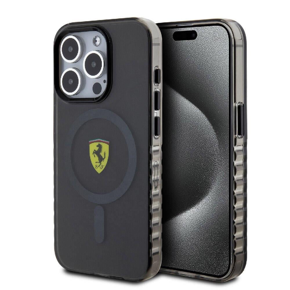 Apple iPhone 15 Pro Kılıf Ferrari Orjinal Lisanslı M-safe Şarj Özellikli Tırtıklı Kenar Tasarımlı Ortalanmış Logo Kapak