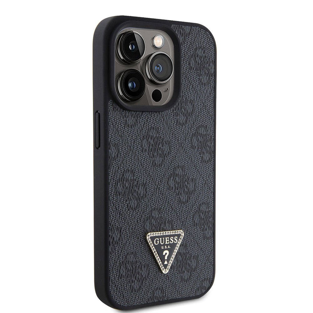 Apple iPhone 15 Pro Kılıf Guess Orjinal Lisanslı PU Deri Taşlı Üçgen Logo 4G Desenli Strass Kapak