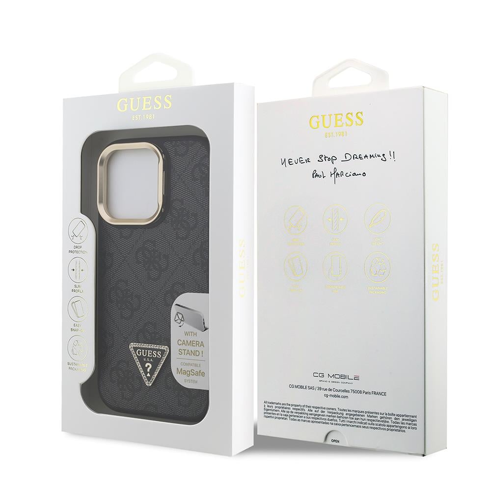 Apple iPhone 15 Pro Kılıf Guess Orjinal Lisanslı M-safe Şarj Özellikli PU Üçgen Logo 4G Desenli Kapak