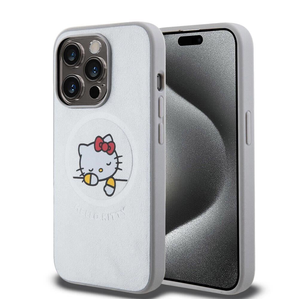 Apple iPhone 15 Pro Kılıf Hello Kitty Orjinal Lisanslı M-safe Şarj Özellikli Baskı Logolu Uyuyan Kitty Deri Kapak