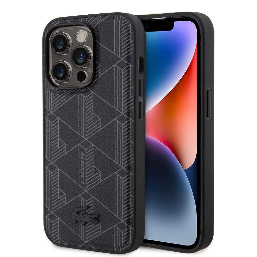 Apple iPhone 15 Pro Kılıf Lacoste Orjinal Lisanslı M-safe Şarj Özellikli PU Deri Görünümlü Karışık Monogram Desenli Kapak