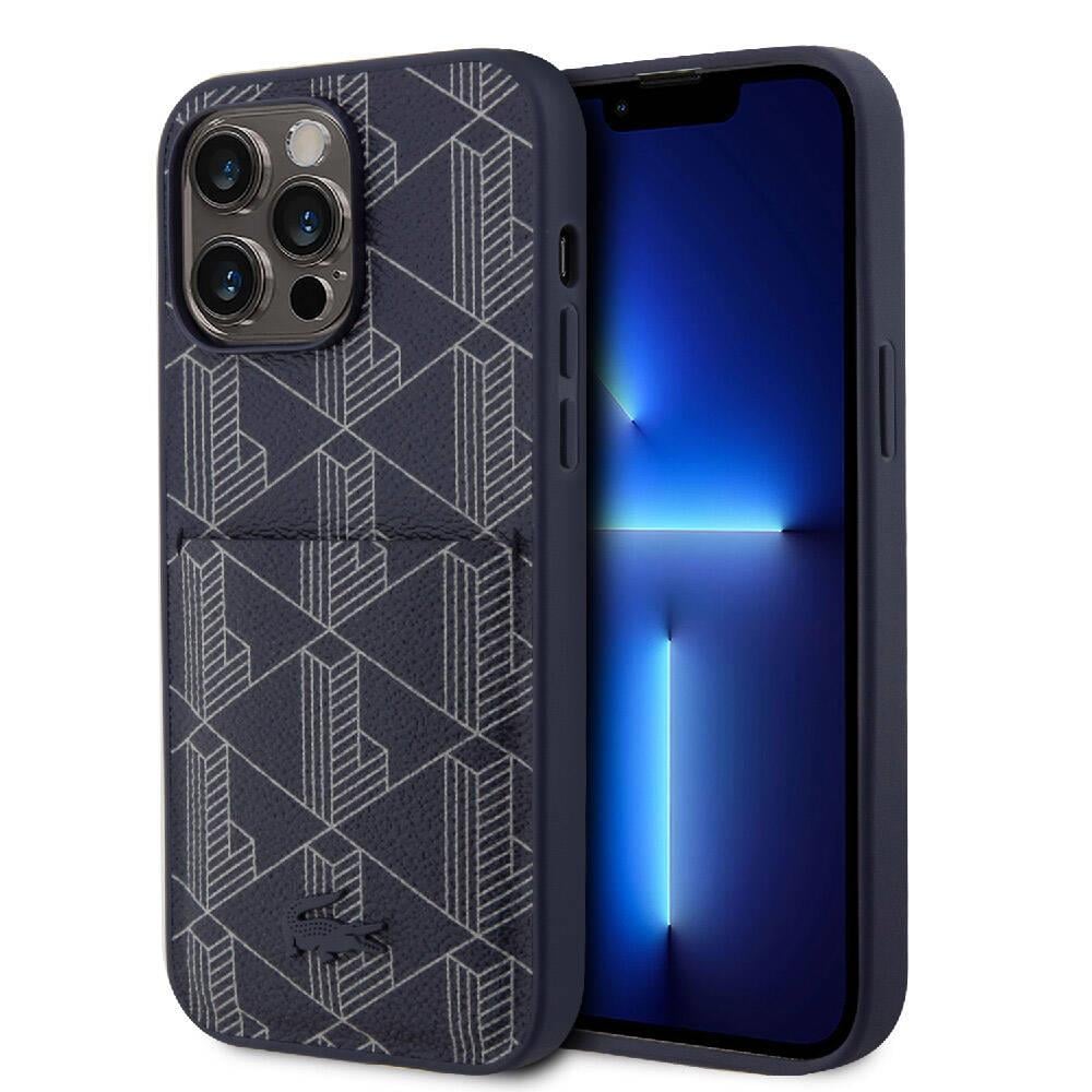 Apple iPhone 15 Pro Kılıf Lacoste Orjinal Lisanslı M-safe Şarj Özellikli PU Deri Görünümlü Kartlıklı Karışık Monogram Desenli Kapak