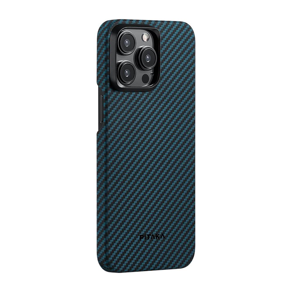 Apple iPhone 15 Pro Kılıf M-safe Şarj Özellikli 1500D Aramid Fiber Pitaka Ultra-Slim Classic Serisi Black-Blue Twill Kapak