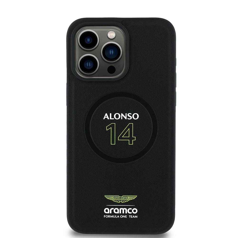 Apple iPhone 15 Pro Max Kılıf Aston Martin Orjinal Lisanslı M-safe Şarj Özellikli PU Deri Alonso 14 Baskılı Kapak