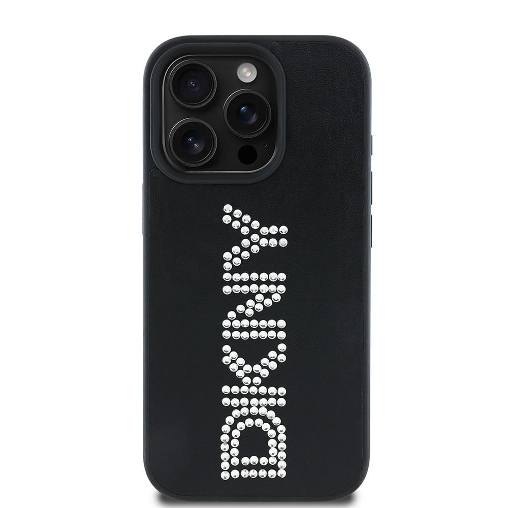 Apple iPhone 15 Pro Max Kılıf DKNY Orjinal Lisanslı Taşlı DKNY Yazılı Metalik Rhinestones PU Deri Kapak