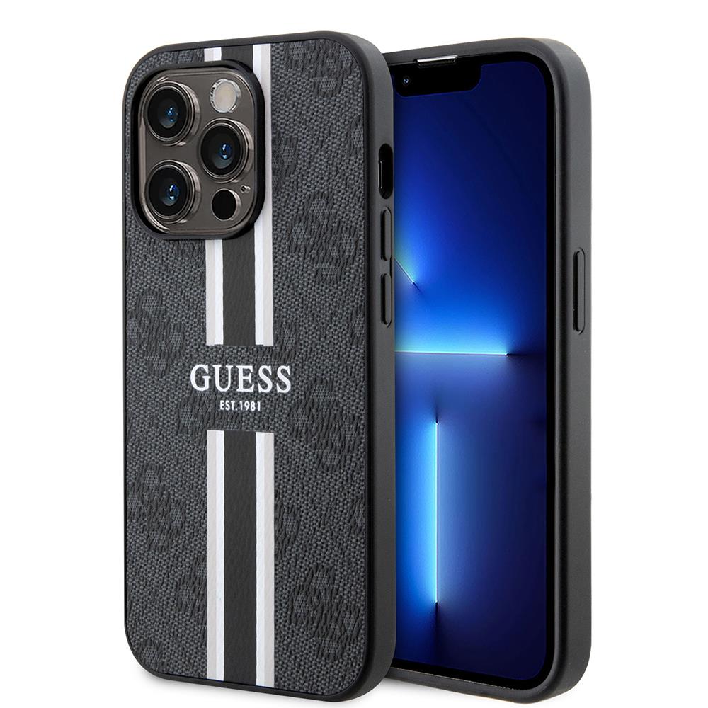 Apple iPhone 15 Pro Max Kılıf Guess Orjinal Lisanslı M-safe Şarj Özellikli 4G Şerit Tasarımlı Printed Kapak