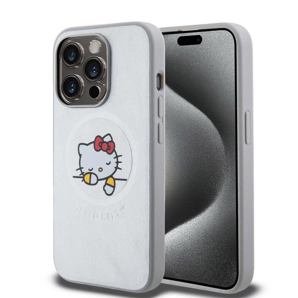 Apple iPhone 15 Pro Max Kılıf Hello Kitty Orjinal Lisanslı M-safe Şarj Özellikli Baskı Logolu Uyuyan Kitty Deri Kapak