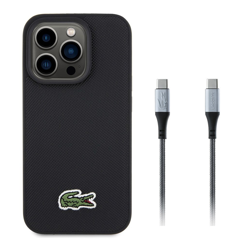 Apple iPhone 15 Pro Max Kılıf Lacoste Orjinal Lisanslı PU Pike Desenli Arka Yüzey İkonik Timsah Dokuma Logolu Kapak + Type-C Kablo 1.5m