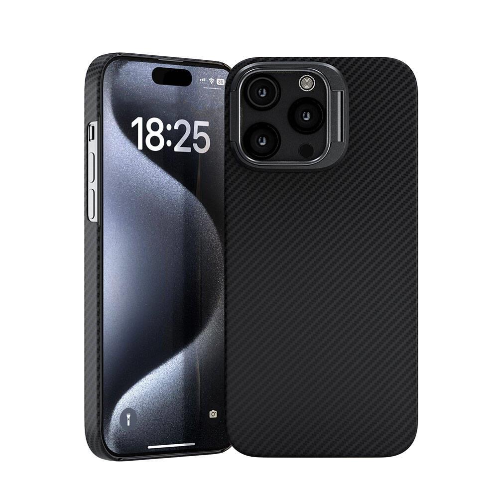 Apple iPhone 15 Pro Max Kılıf M-safe Şarj Özellikli 600D Kevlar Zore Krek Karbon Standlı Kapak
