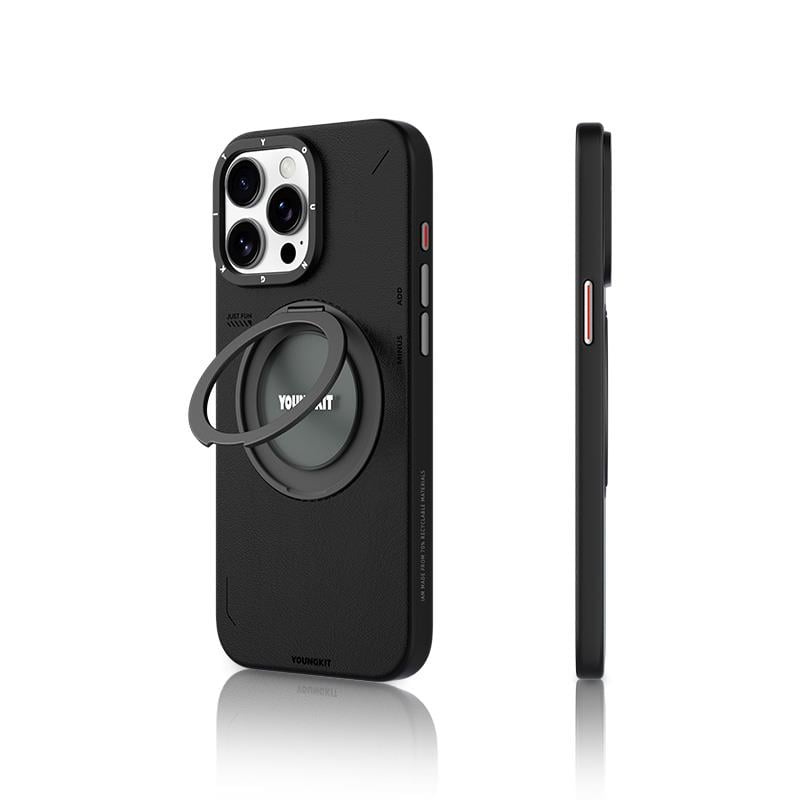 Apple iPhone 15 Pro Max Kılıf M-safe Şarj Özellikli 360° Standlı Basit Mat Deri Desenli Youngkit Tech Leather Serisi Kapak