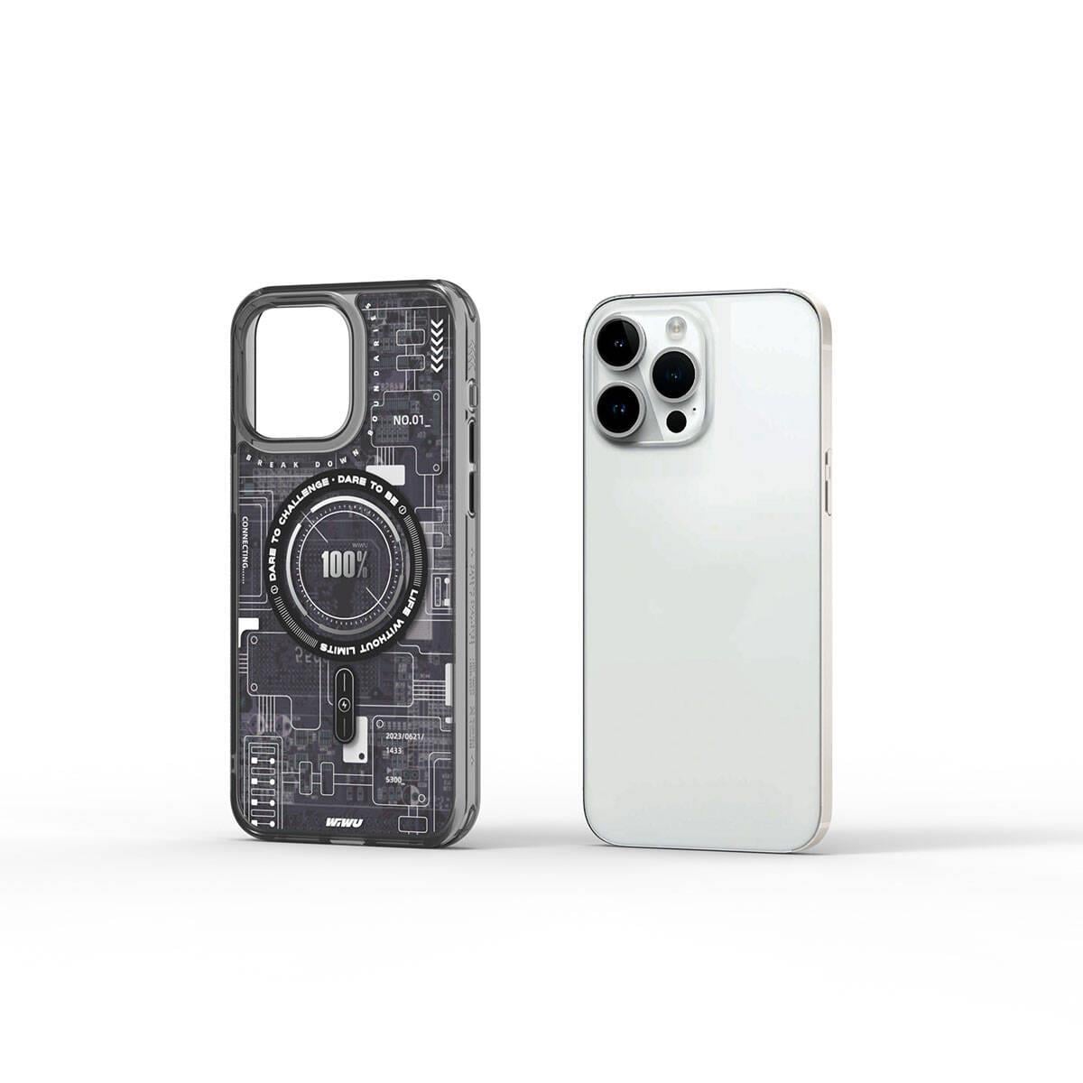 Apple iPhone 15 Pro Max Kılıf M-safe Şarj Özellikli Desenli Wiwu Mecha Circuit H Serisi Kapak