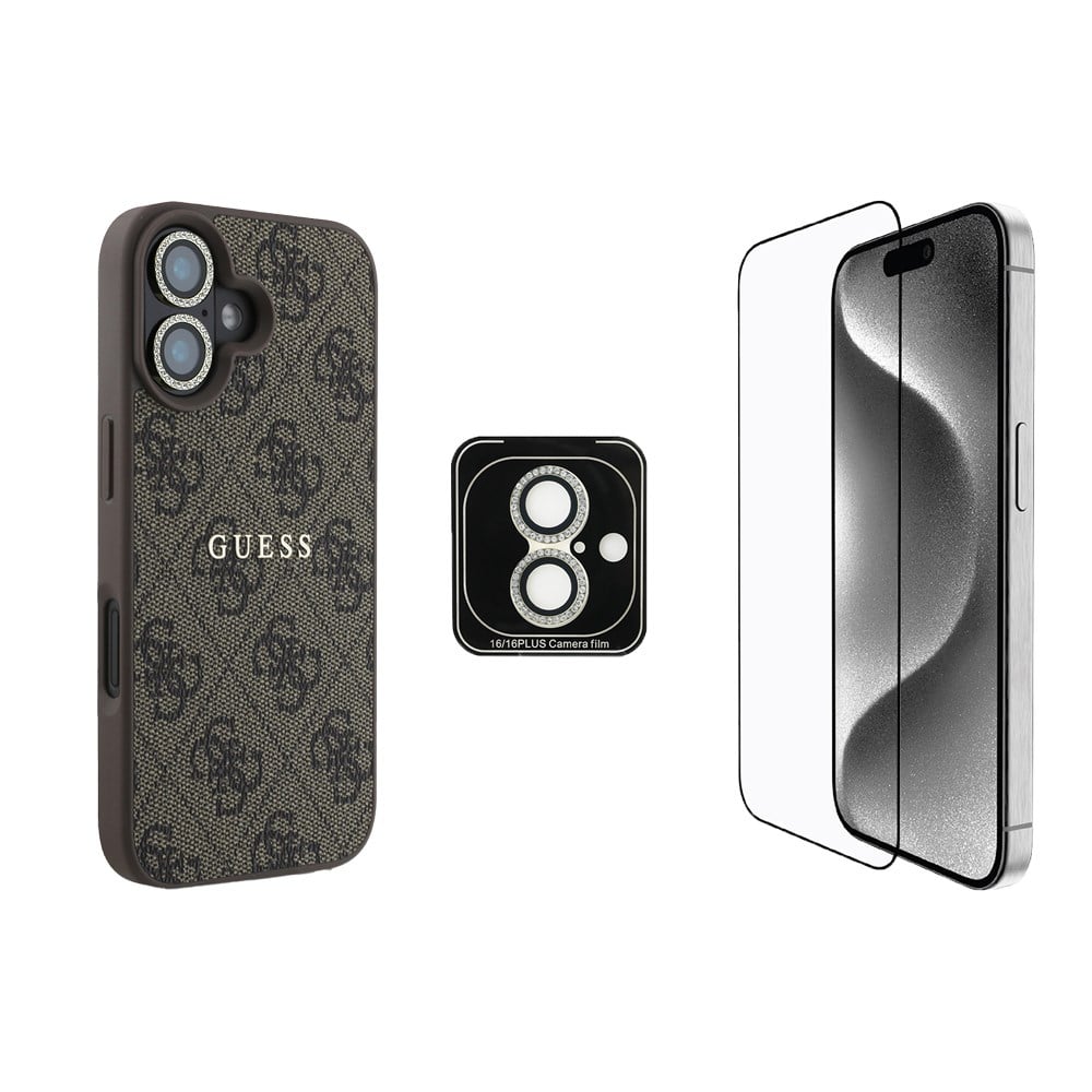 Apple iPhone 16 Guess Orjinal Lisanslı Kılıf + Ekran Koruyucu + Lens Koruyucu 3in1 Aksesuar Seti