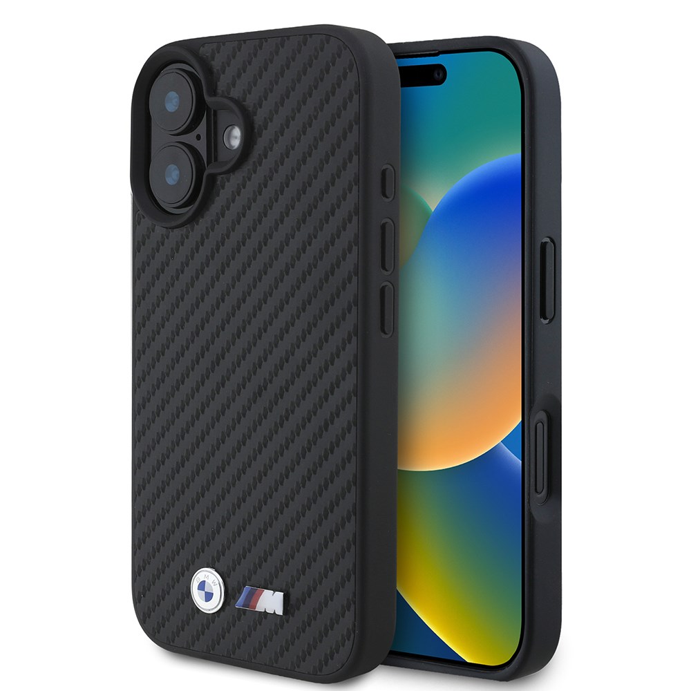 Apple iPhone 16 Kılıf BMW Orjinal Lisanslı Karbon Fiber Tasarımlı ve Metal Logolu PU Deri Kapak