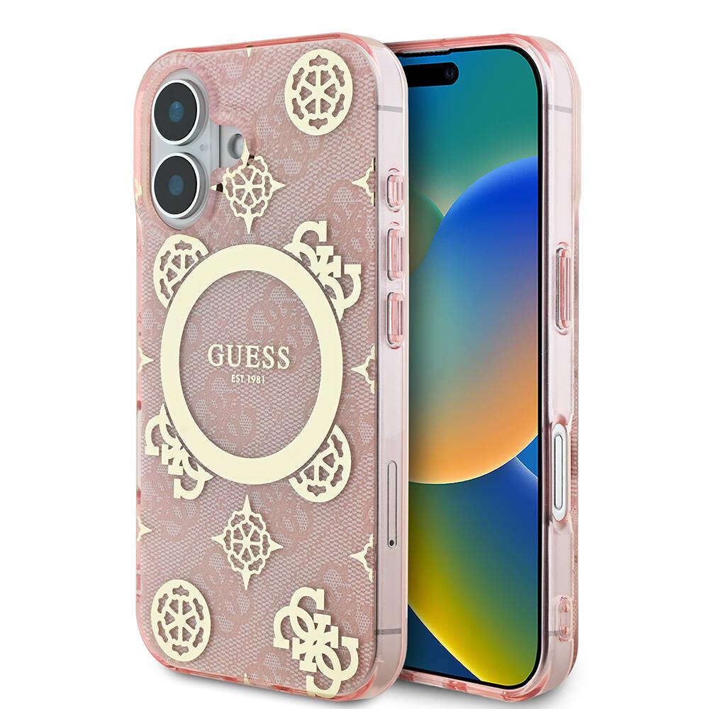 Apple iPhone 16 Kılıf Guess Orjinal Lisanslı M-safe Şarj Özellikli 4G Desenli IML Yazı Logolu Peony Kapak