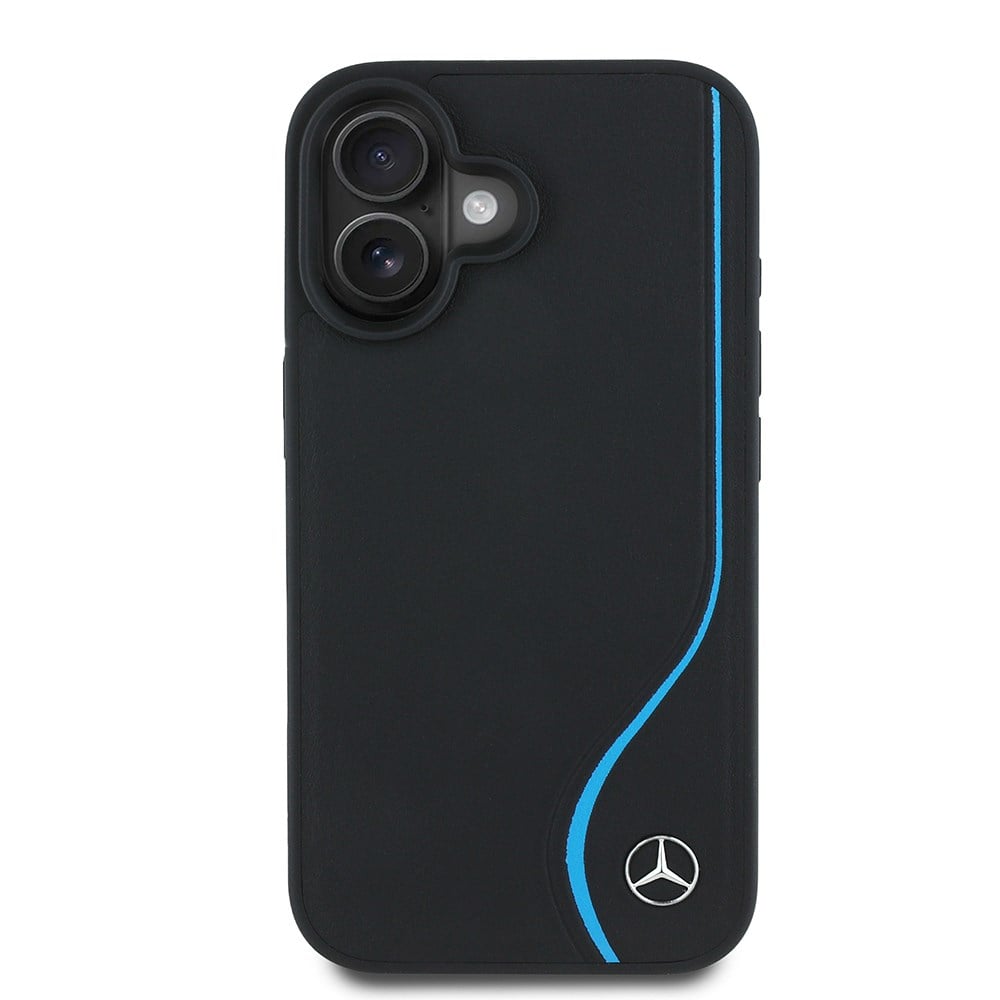 Apple iPhone 16 Kılıf Mercedes Benz Orjinal Lisanslı M-safe Şarj Özellikli 3D Metal Logolu Mavi Dikey Eğri Çizgili Deri Kapak
