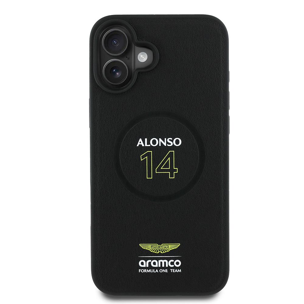 Apple iPhone 16 Plus Kılıf Aston Martin Orjinal Lisanslı M-safe Şarj Özellikli PU Deri Alonso 14 Baskılı Kapak