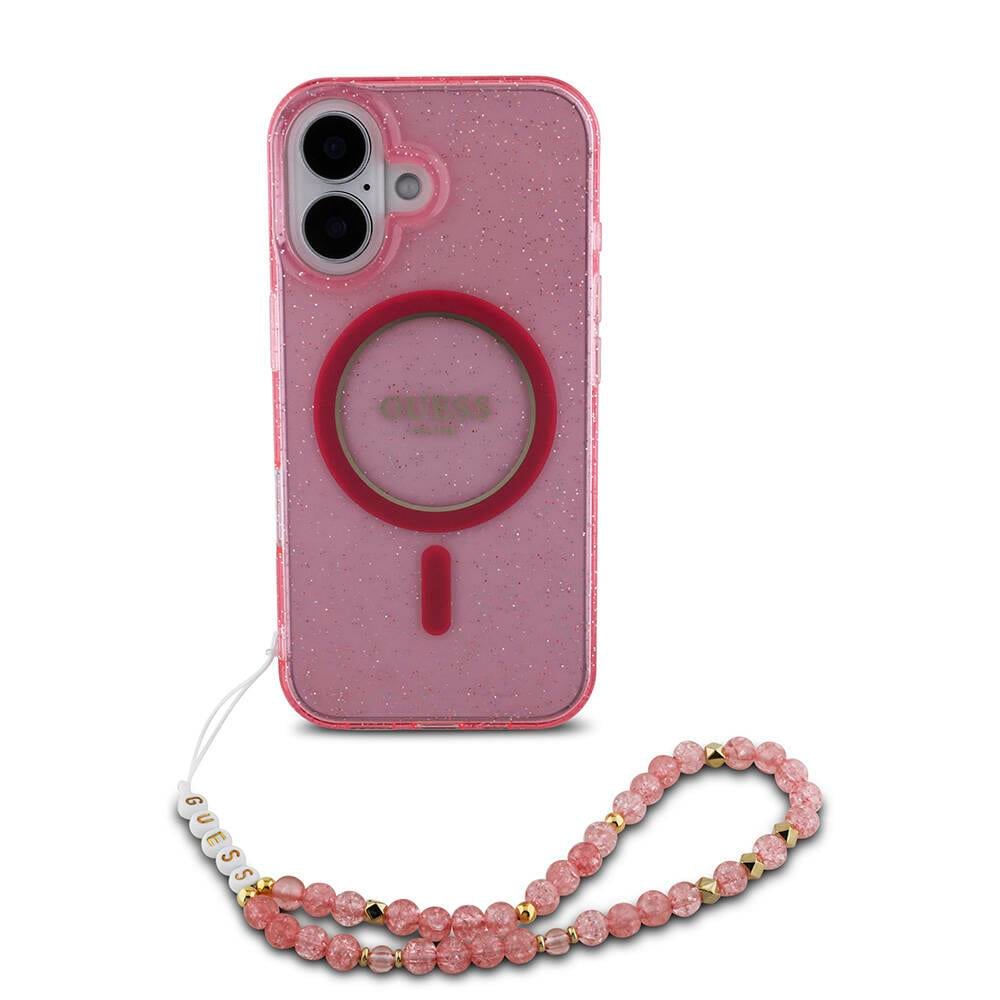 Apple iPhone 16 Plus Kılıf Guess Orjinal Lisanslı M-safe Şarj Özellikli Simli Silikon İnci Bileklikli Kapak