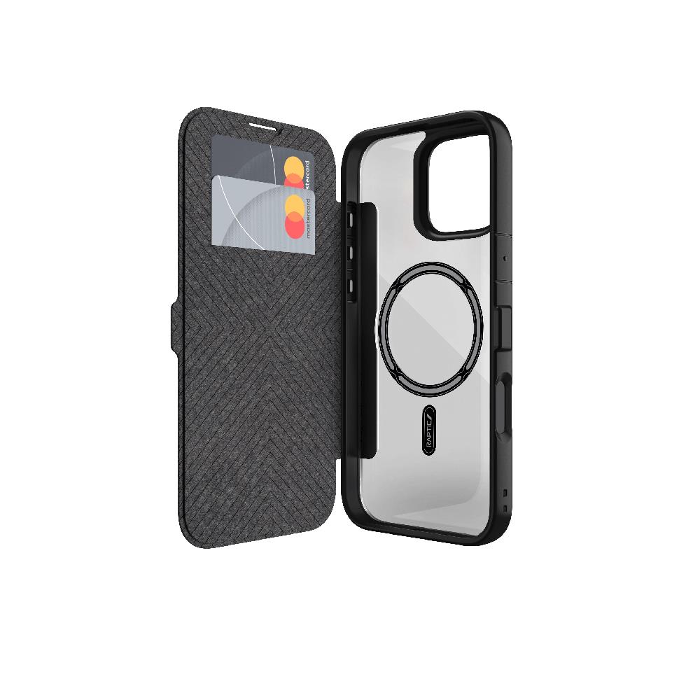 Apple iPhone 16 Plus Kılıf M-safe Şarj Özellikli Vegan Deri Tasarımlı Şeffaf Arka Yüzey Kartlıklı Raptic Urban Folio Serisi Kapak