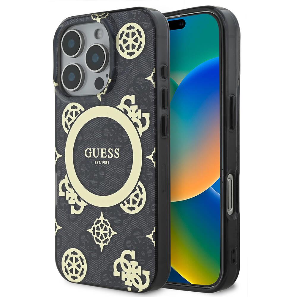 Apple iPhone 16 Pro Kılıf Guess Orjinal Lisanslı M-safe Şarj Özellikli IML Peony ve 4G Desenli Klasik Logolu Kapak