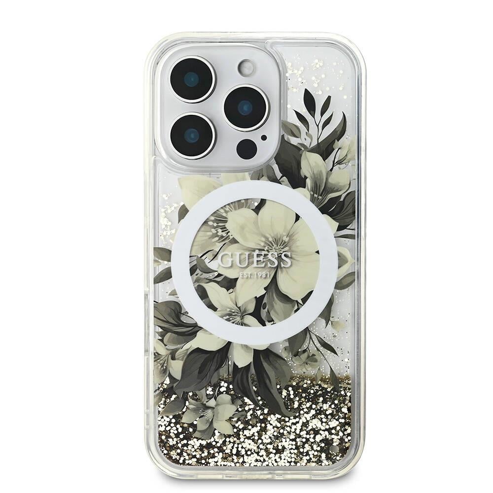Apple iPhone 16 Pro Kılıf Guess Orjinal Lisanslı M-safe Şarj Özellikli Sıvılı Simli Çiçek Desenli Kapak