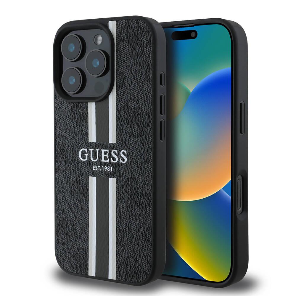 Apple iPhone 16 Pro Kılıf Guess Orjinal Lisanslı M-safe Şarj Özellikli 4G Şerit Tasarımlı Printed Kapak
