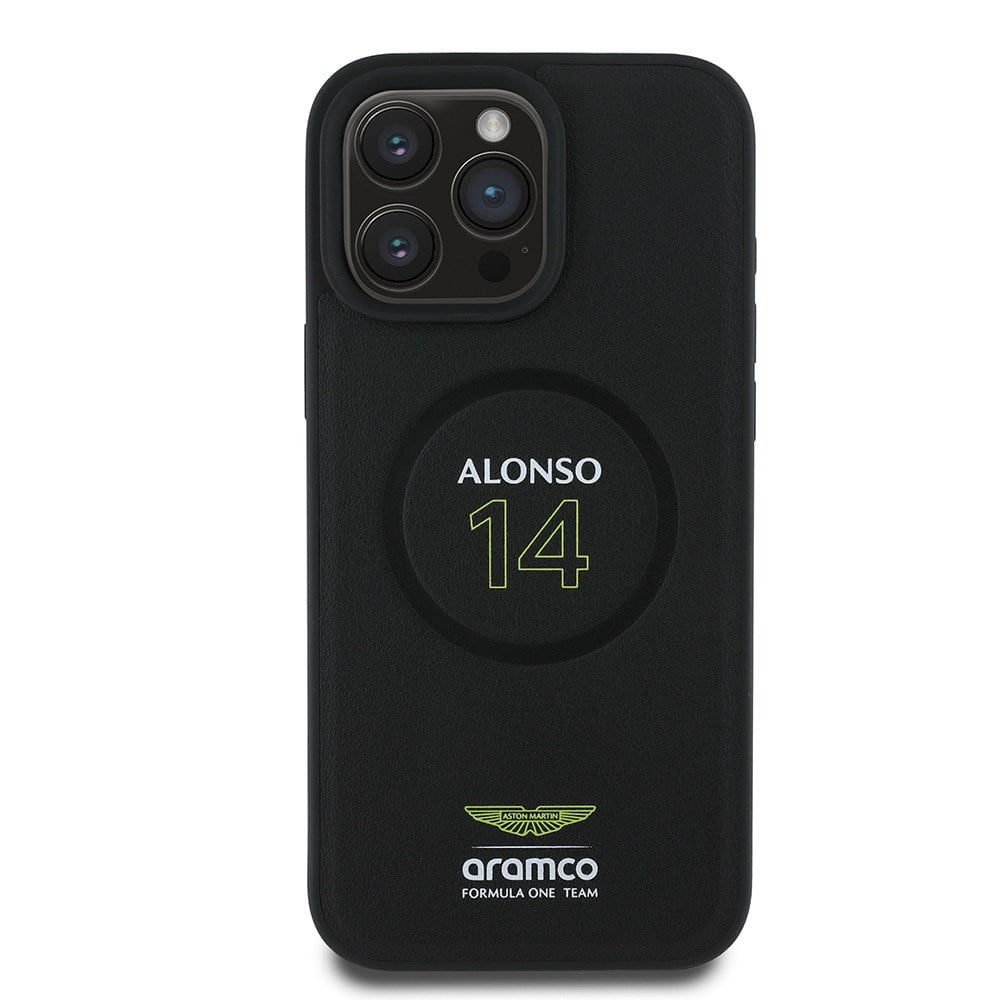 Apple iPhone 16 Pro Max Kılıf Aston Martin Orjinal Lisanslı M-safe Şarj Özellikli PU Deri Alonso 14 Baskılı Kapak