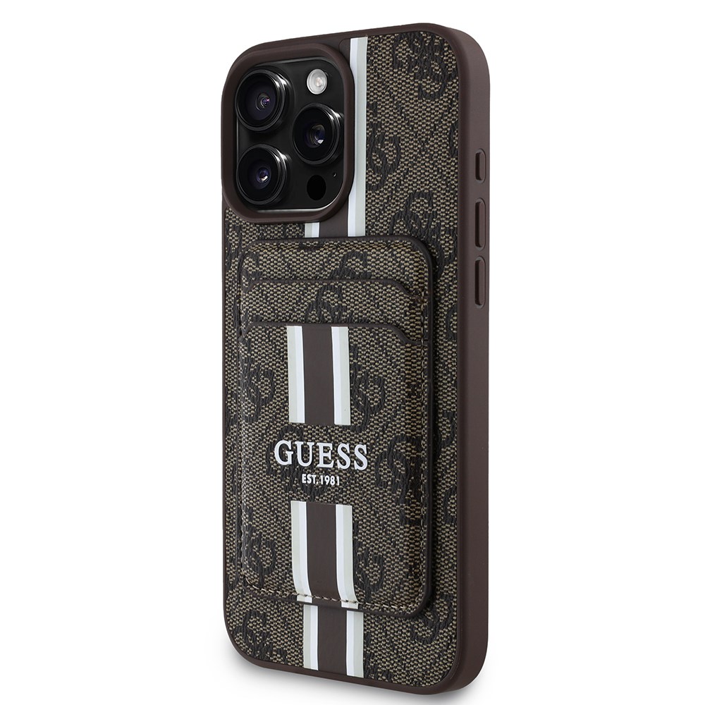 Apple iPhone 16 Pro Max Kılıf Guess Orjinal Lisanslı M-safe Şarj Özellikli 4G Desenli Çizgili Kartlıklı Kapak