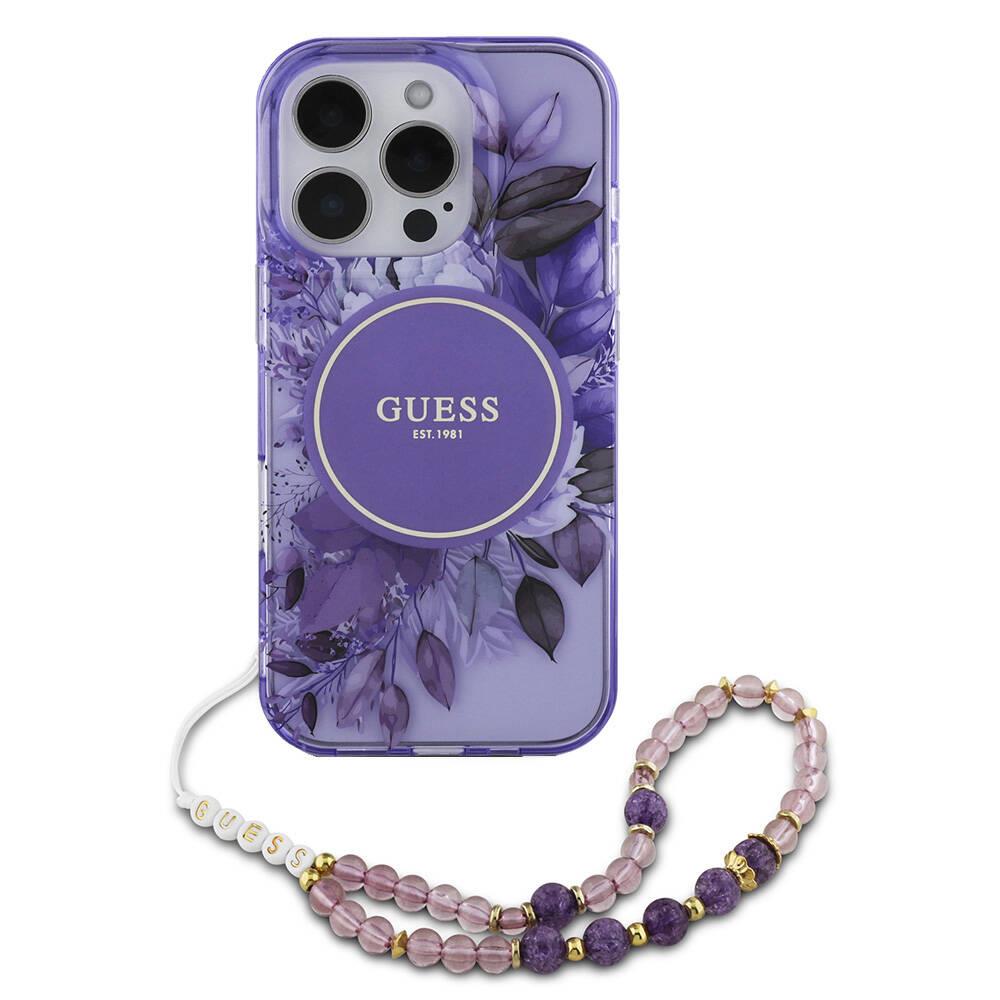 Apple iPhone 16 Pro Max Kılıf Guess Orjinal Lisanslı M-safe Şarj Özellikli IML Baskılı Çiçek İnci Bileklikli Kapak