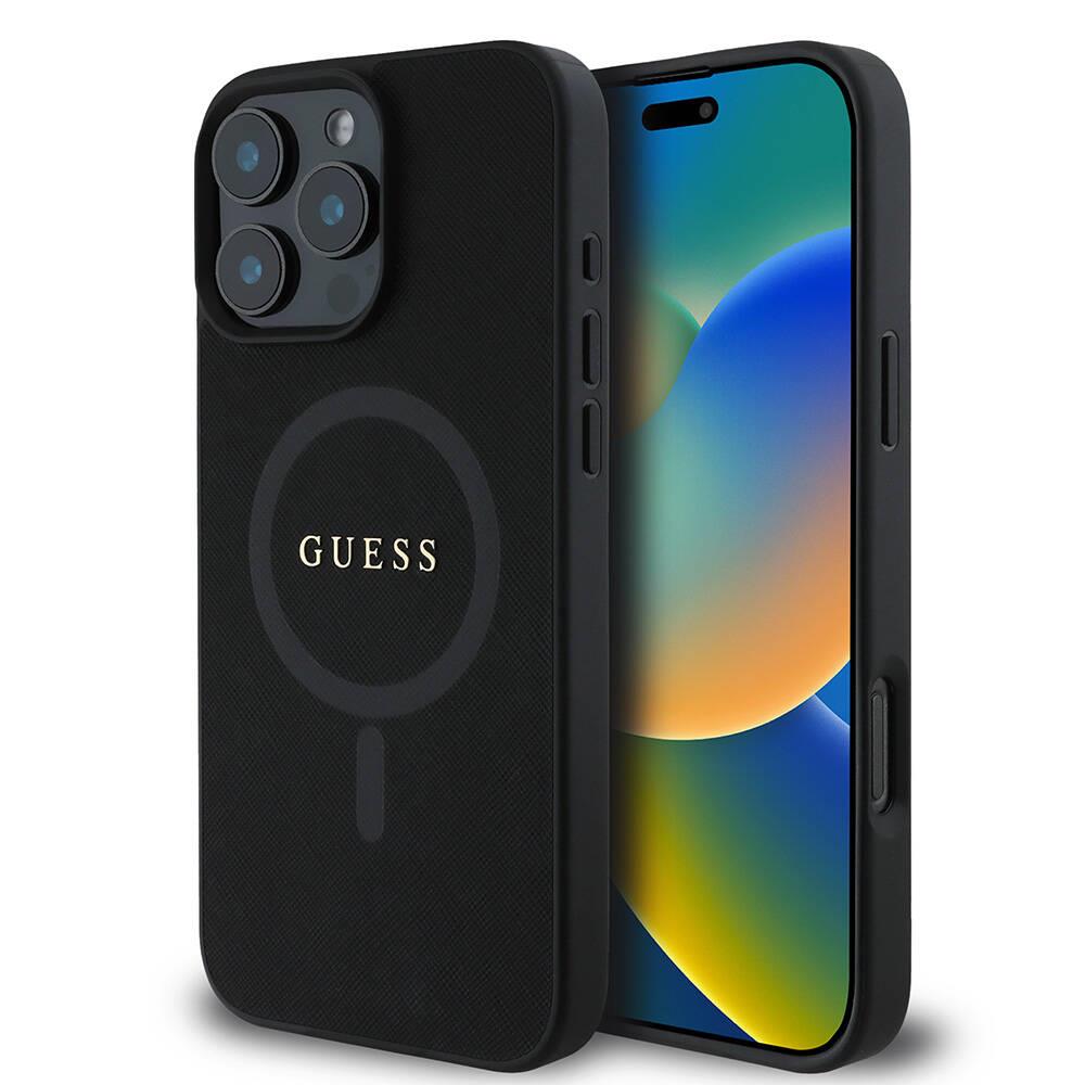Apple iPhone 16 Pro Max Kılıf Guess Orjinal Lisanslı M-safe Şarj Özellikli Yazı Logolu Saffiano Classic Kapak