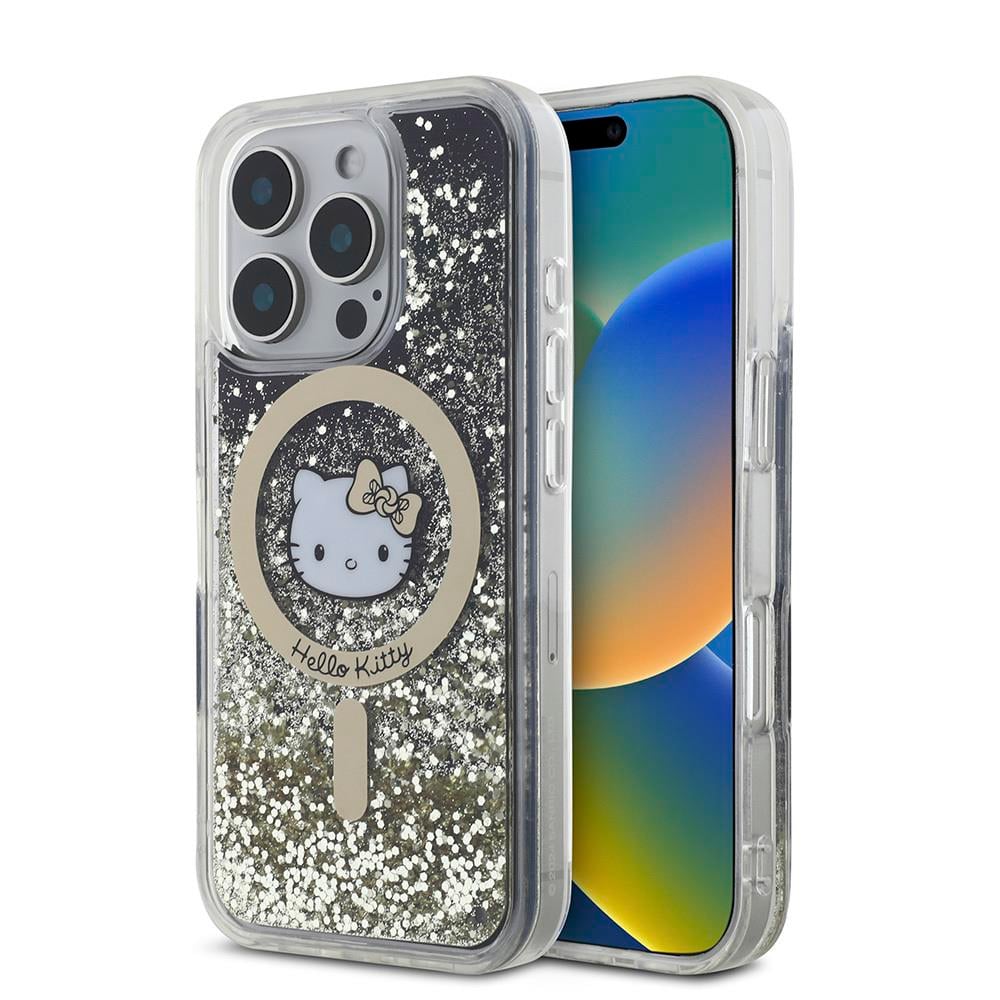 Apple iPhone 16 Pro Max Kılıf Hello Kitty Orjinal Lisanslı M-safe Şarj Özellikli IML Baskı Kitty Head Logolu Sıvılı Simli Altın Ateşi Kapak