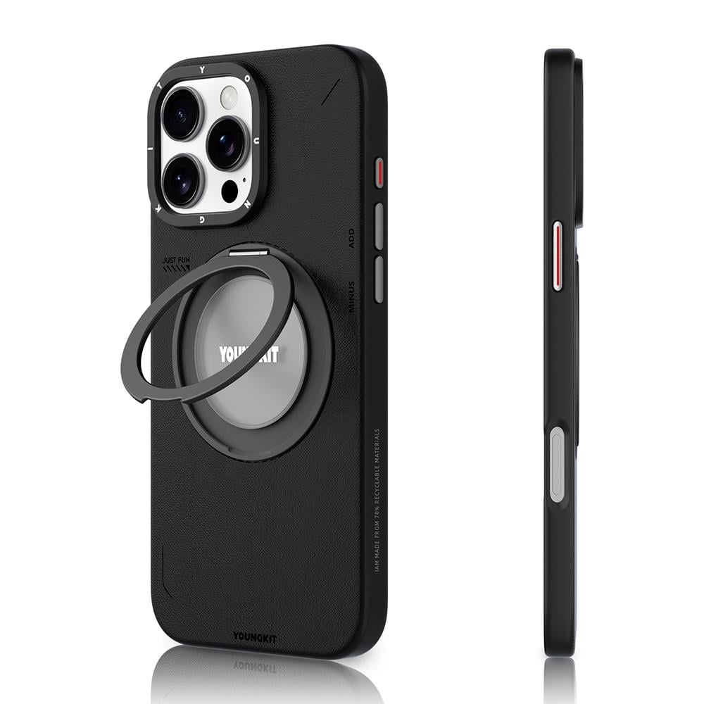 Apple iPhone 16 Pro Max Kılıf M-safe Şarj Özellikli 360° Standlı Basit Mat Deri Desenli Youngkit Tech Leather Serisi Kapak