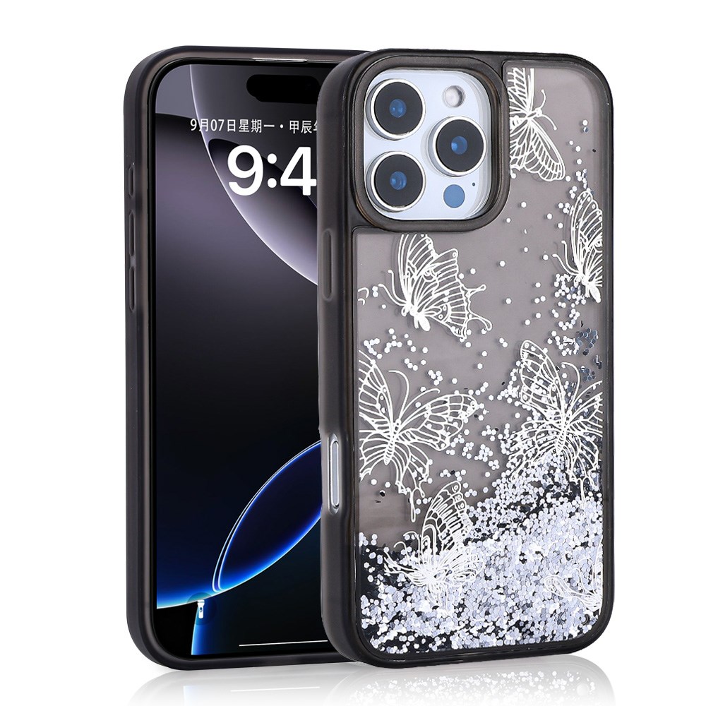 Apple iPhone 16 Pro Max Kılıf Sıvılı Simli Kelebek Baskılı Şeffaf Arka Yüzey Zore Glis Silikon Kapak