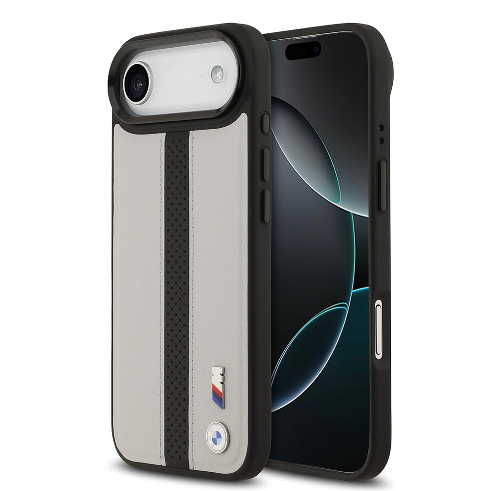 Apple iPhone 17 Air Kılıf BMW Orjinal Lisanslı M-safe Şarj Özellikli Deri Arka Yüzey Metal Logolu Delikli Şerit Tasarımlı Kapak
