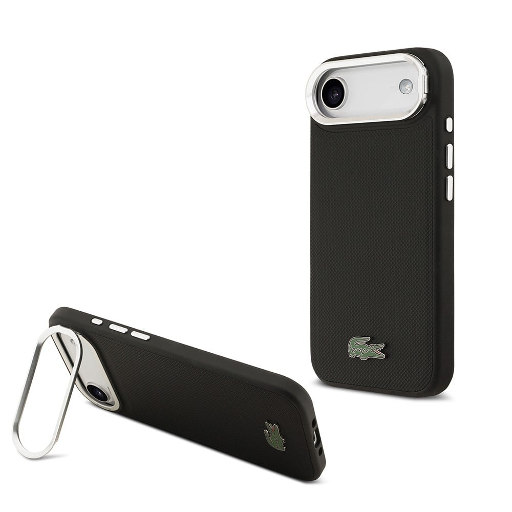 Apple iPhone 17 Air Kılıf Lacoste Orjinal Lisanslı M-safe Şarj Özellikli PU Pike Desenli Standlı Metal Logolu Kapak
